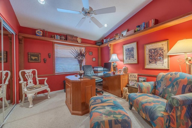 10856 Royal Caribbean Cir, Boynton Beach, FL 33437 - carpeted home office featuring a ceiling fan and vaulted ceiling