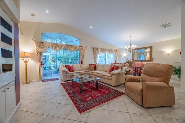 10856 Royal Caribbean Cir, Boynton Beach, FL 33437 - living room featuring a chandelier, lofted ceiling, light tile patterned floors, and recessed lighting