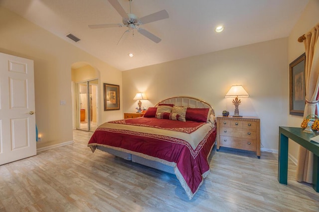 10856 Royal Caribbean Cir, Boynton Beach, FL 33437 - bedroom with light wood-style flooring, arched walkways, a ceiling fan, recessed lighting, and vaulted ceiling