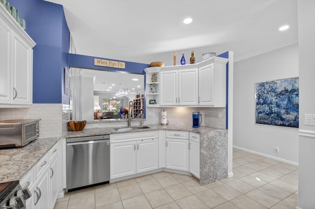 10853 Royal Caribbean Cir, Boynton Beach, FL 33437 - kitchen featuring dishwasher, tasteful backsplash, white cabinetry, light tile patterned floors, and light stone counters