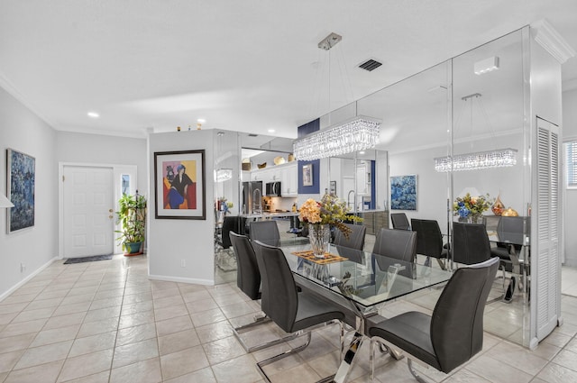 10853 Royal Caribbean Cir, Boynton Beach, FL 33437 - dining area with ornamental molding, light tile patterned flooring, recessed lighting, and a chandelier