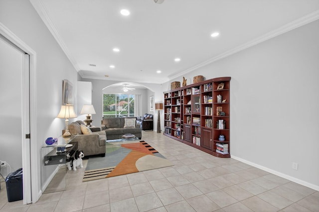 10853 Royal Caribbean Cir, Boynton Beach, FL 33437 - sitting room featuring light tile patterned floors, arched walkways, recessed lighting, and ornamental molding