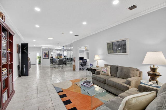 10853 Royal Caribbean Cir, Boynton Beach, FL 33437 - living area featuring light tile patterned floors, recessed lighting, and ornamental molding