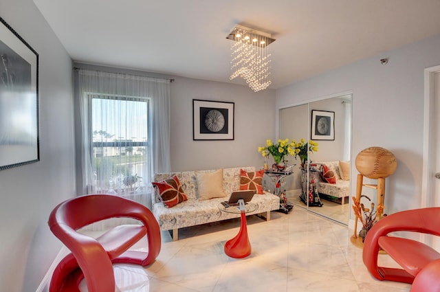 7260 Kinghurst Dr Unit 401, Delray Beach, FL 33446 - living area featuring marble finish flooring and a chandelier