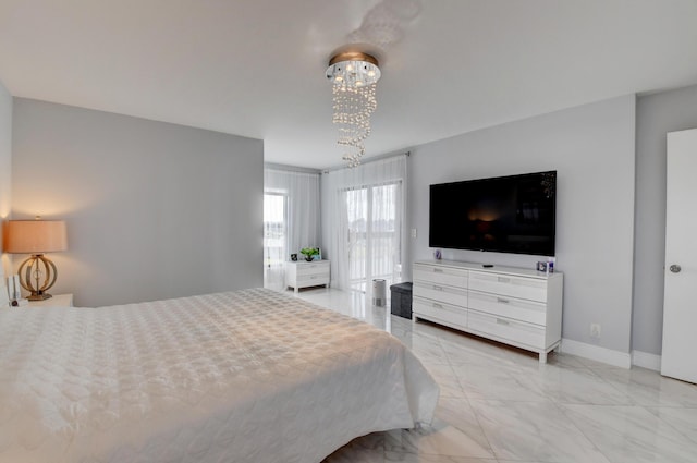 7260 Kinghurst Dr Unit 401, Delray Beach, FL 33446 - bedroom with light marble finish floors and a chandelier