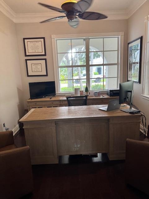 1913 Flower Dr, Palm Beach Gardens, FL 33410 - home office with a ceiling fan and crown molding