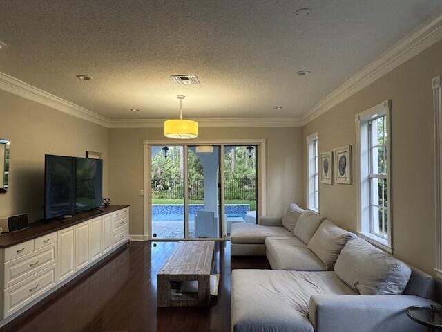 1913 Flower Dr, Palm Beach Gardens, FL 33410 - living room with healthy amount of natural light, dark wood-style floors, ornamental molding, and a textured ceiling