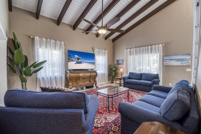 130 S Ocean Breeze, Lake Worth Beach, FL 33460 - living area with high vaulted ceiling, a ceiling fan, and a wooden ceiling with exposed beams