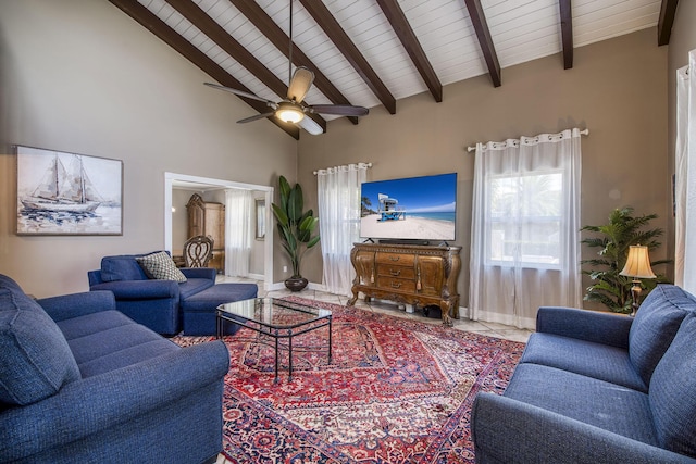 130 S Ocean Breeze, Lake Worth Beach, FL 33460 - living room with ceiling fan, a wood ceiling with exposed beams, and high vaulted ceiling