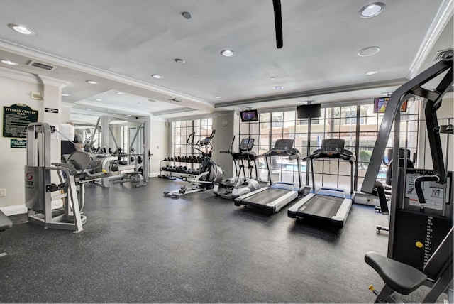 233 S Federal Hwy Unit Uph04, Boca Raton, FL 33432 - exercise room with crown molding, recessed lighting, and a tray ceiling