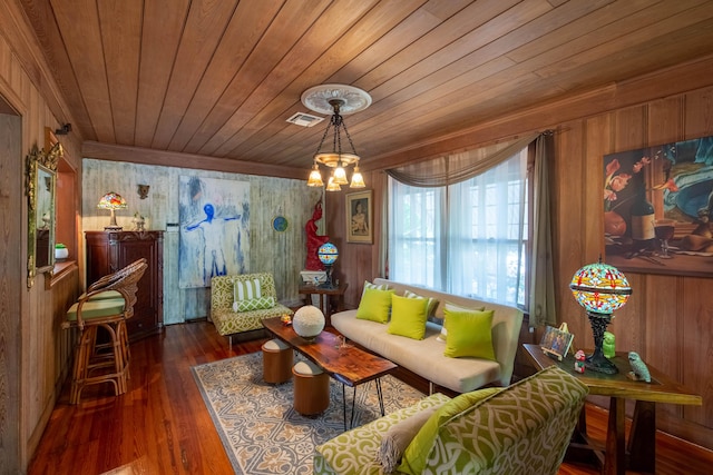1016 N E St, Lake Worth Beach, FL 33460 - living area with wooden walls, wood-type flooring, wood ceiling, and a chandelier