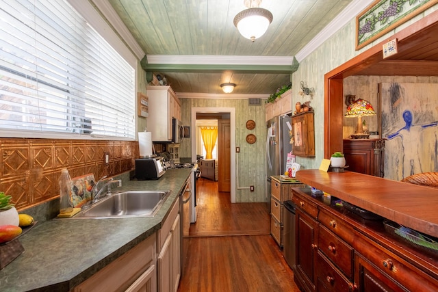 1016 N E St, Lake Worth Beach, FL 33460 - kitchen with ornamental molding, dark countertops, dark wood-type flooring, stainless steel appliances, and wooden ceiling
