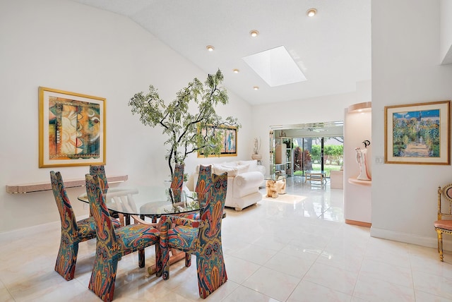 8368 Sunmeadow Ln, Boca Raton, FL 33496 - dining area with high vaulted ceiling, a skylight, and light tile patterned flooring