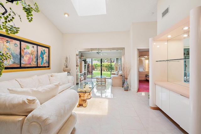 8368 Sunmeadow Ln, Boca Raton, FL 33496 - living room featuring light tile patterned floors, a skylight, and recessed lighting