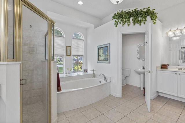 1267 SW Briarwood Dr, Saint Lucie West, FL 34986 - full bath with a garden tub, a shower stall, tile patterned flooring, vanity, and recessed lighting