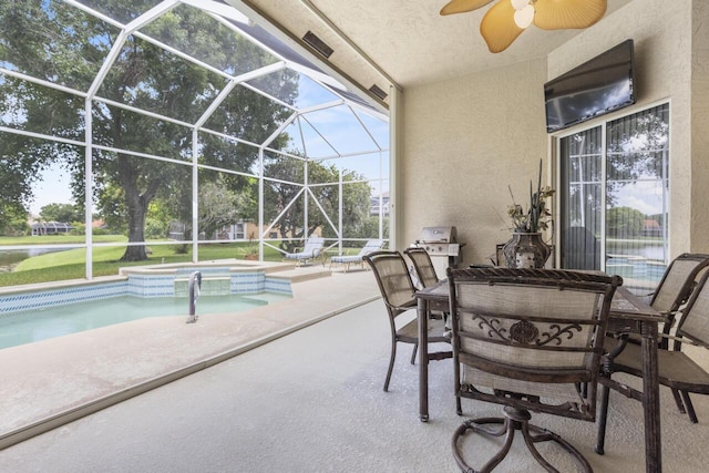 1267 SW Briarwood Dr, Saint Lucie West, FL 34986 - view of patio with a ceiling fan, glass enclosure, a pool with connected hot tub, and a grill