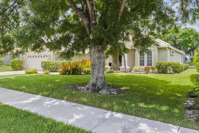 1267 SW Briarwood Dr, Saint Lucie West, FL 34986 - view of property hidden behind natural elements with stucco siding, a front yard, a garage, and concrete driveway