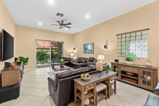 4086 Woodhill Pl, Boynton Beach, FL 33436 - living room featuring light tile patterned flooring, ceiling fan, and recessed lighting