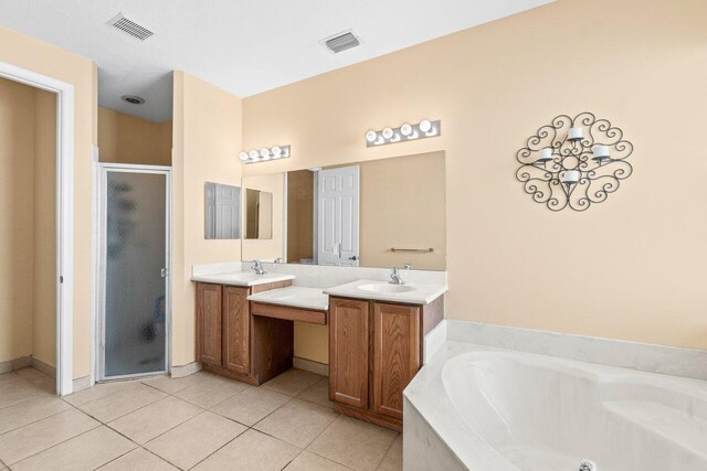 4086 Woodhill Pl, Boynton Beach, FL 33436 - bathroom with a stall shower, tile patterned floors, vanity, and a jetted tub