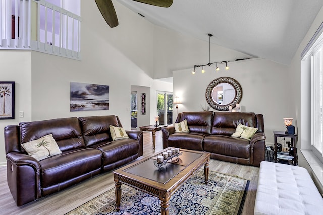 207 Jupiter Woods Dr, Jupiter, FL 33458 - living area with wood finished floors, high vaulted ceiling, and a ceiling fan