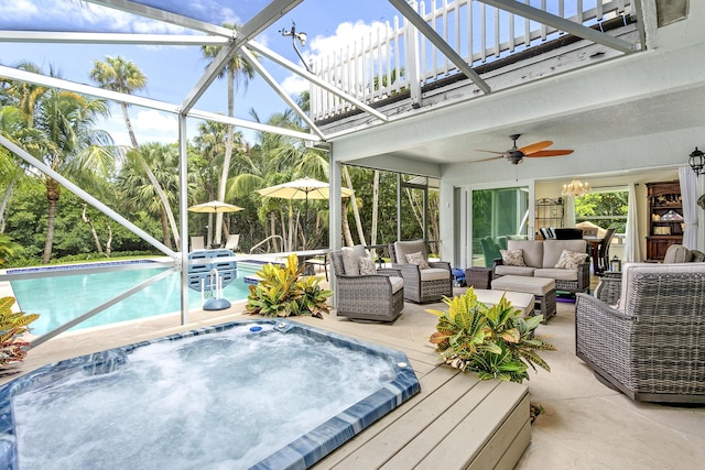 207 Jupiter Woods Dr, Jupiter, FL 33458 - swimming pool with an outdoor hangout area, a ceiling fan, a deck, and a lanai