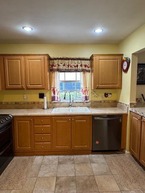 1023 Pheasant Run Dr Unit A, Fort Pierce, FL 34982 - kitchen featuring dishwasher, black electric range, light countertops, brown cabinets, and recessed lighting