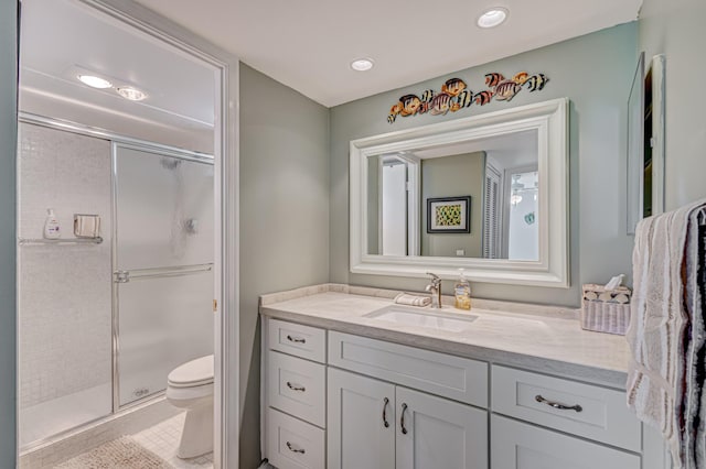5390 Woodland Lakes Dr Unit 305, Palm Beach Gardens, FL 33418 - bathroom with vanity, a shower stall, recessed lighting, and tile patterned flooring