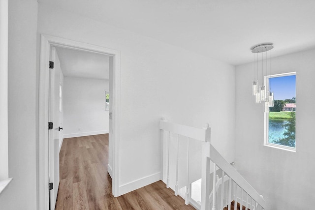 4110 NW 10th St, Delray Beach, FL 33445 - hall featuring an upstairs landing, wood finished floors, and a chandelier