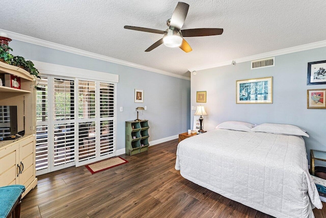 6662 Boca Del Mar Dr Unit 118, Boca Raton, FL 33433 - bedroom with crown molding, dark wood finished floors, a textured ceiling, access to outside, and a ceiling fan