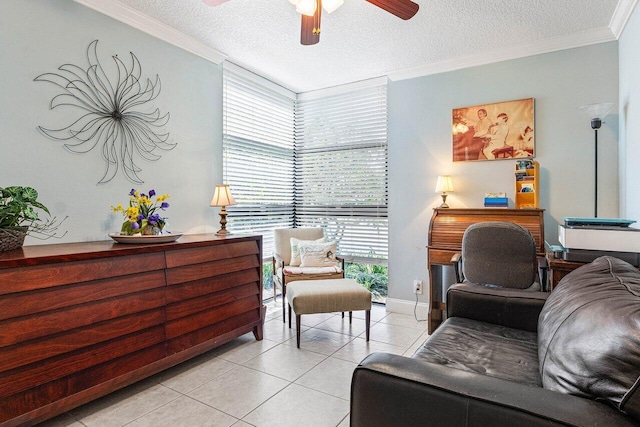 6662 Boca Del Mar Dr Unit 118, Boca Raton, FL 33433 - bedroom with a textured ceiling, light tile patterned floors, ornamental molding, and a ceiling fan