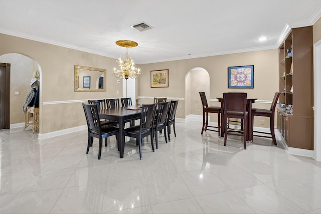 2 Fairway Dr, Boynton Beach, FL 33436 - dining room featuring arched walkways, ornamental molding, a chandelier, and light marble finish floors