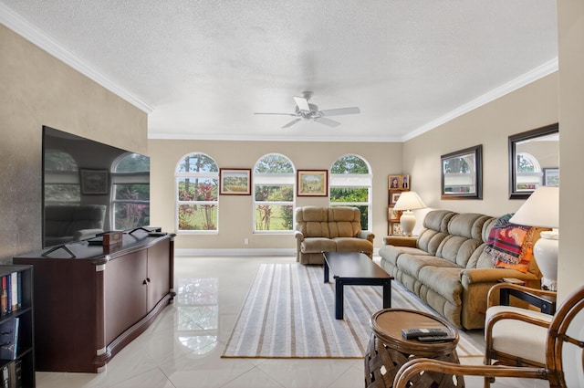 2 Fairway Dr, Boynton Beach, FL 33436 - living area featuring ceiling fan, ornamental molding, light tile patterned floors, and a textured ceiling