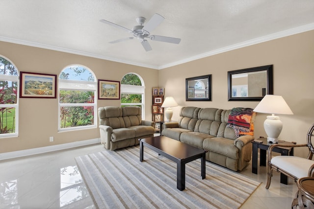 2 Fairway Dr, Boynton Beach, FL 33436 - living room with light tile patterned floors, crown molding, healthy amount of natural light, and a ceiling fan