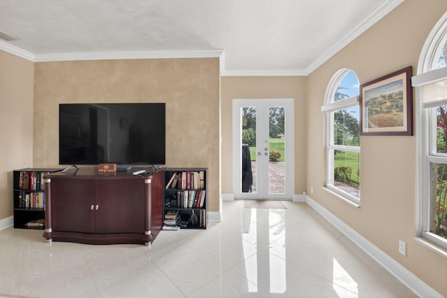 2 Fairway Dr, Boynton Beach, FL 33436 - living room with ornamental molding, light tile patterned floors, and french doors