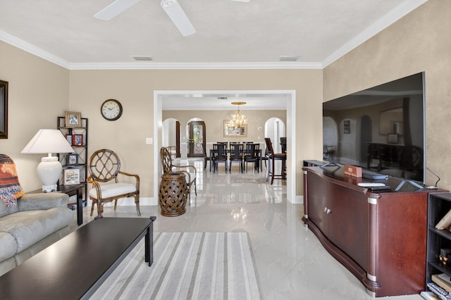 2 Fairway Dr, Boynton Beach, FL 33436 - living area with arched walkways, marble tiled flooring, ceiling fan, crown molding, and a chandelier