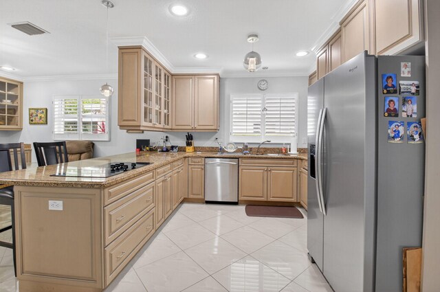 2 Fairway Dr, Boynton Beach, FL 33436 - kitchen with stainless steel appliances, a peninsula, ornamental molding, a kitchen bar, and light brown cabinets