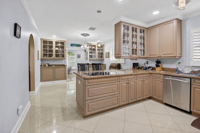 2 Fairway Dr, Boynton Beach, FL 33436 - kitchen featuring dishwasher, black electric cooktop, arched walkways, crown molding, and a peninsula
