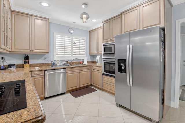 2 Fairway Dr, Boynton Beach, FL 33436 - kitchen featuring stainless steel appliances, crown molding, light stone countertops, recessed lighting, and light brown cabinetry
