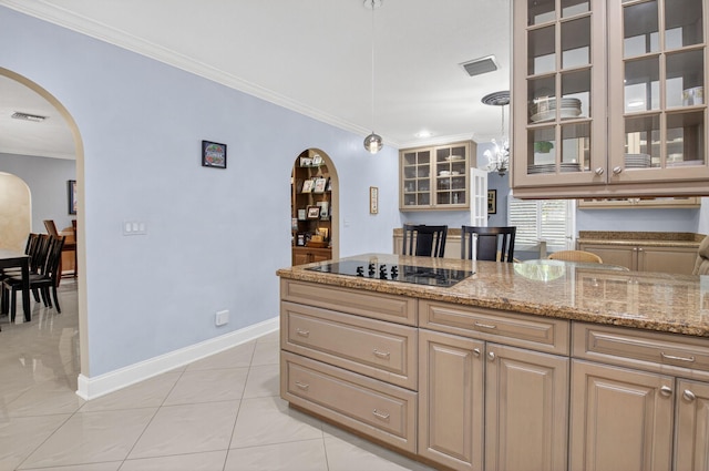 2 Fairway Dr, Boynton Beach, FL 33436 - kitchen featuring arched walkways, black electric stovetop, crown molding, light stone countertops, and glass insert cabinets