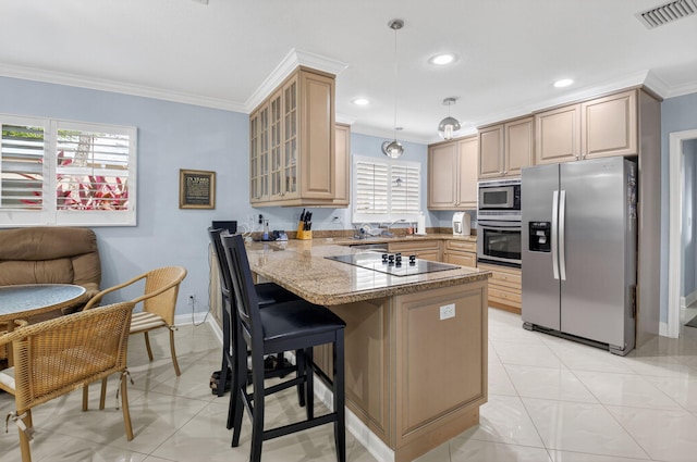 2 Fairway Dr, Boynton Beach, FL 33436 - kitchen featuring appliances with stainless steel finishes, a peninsula, crown molding, glass insert cabinets, and a breakfast bar area