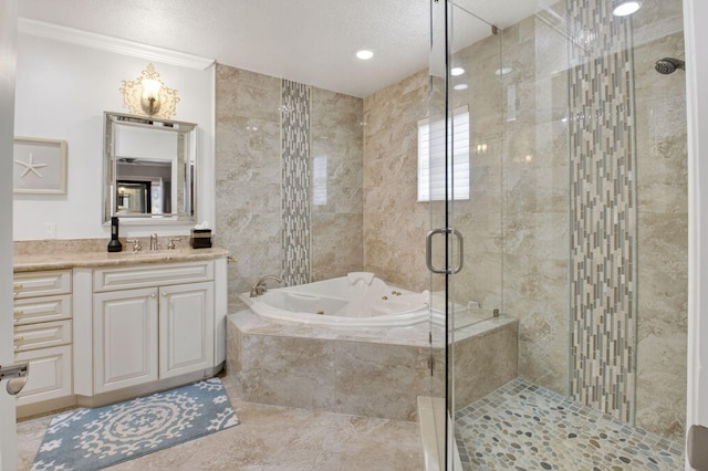2 Fairway Dr, Boynton Beach, FL 33436 - bathroom with a jetted tub, a stall shower, vanity, crown molding, and a textured ceiling