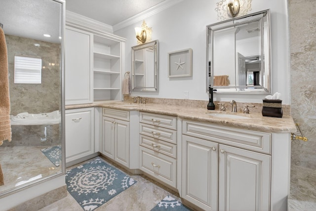 2 Fairway Dr, Boynton Beach, FL 33436 - full bath featuring ornamental molding, double vanity, a tub with marble appearance, and a shower