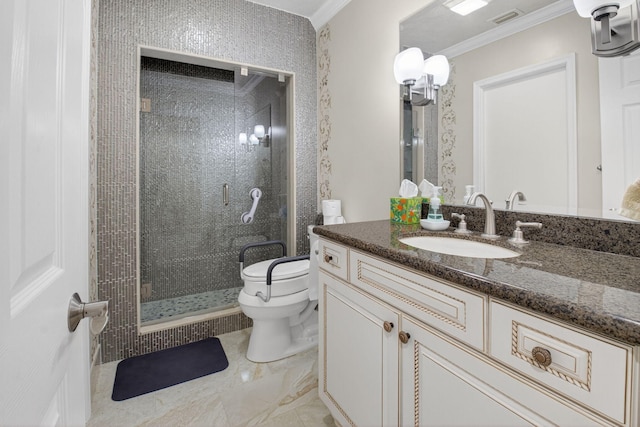 2 Fairway Dr, Boynton Beach, FL 33436 - full bathroom with vanity, a shower stall, ornamental molding, and marble finish flooring