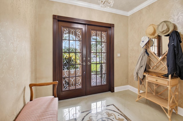 2 Fairway Dr, Boynton Beach, FL 33436 - tiled entryway featuring french doors, ornamental molding, and a chandelier