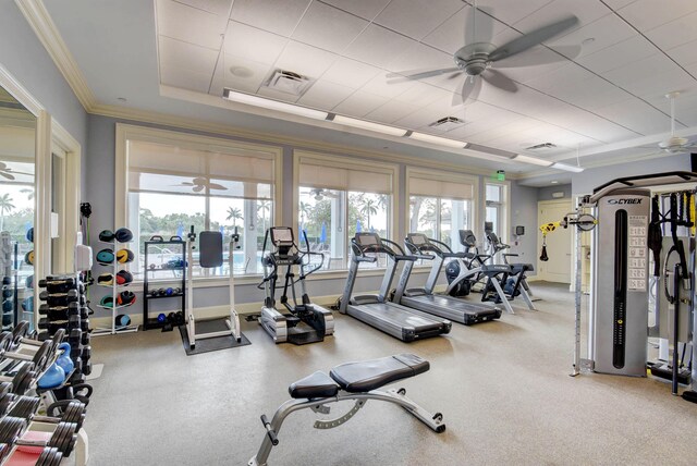2 Fairway Dr, Boynton Beach, FL 33436 - gym featuring ceiling fan, ornamental molding, and a raised ceiling