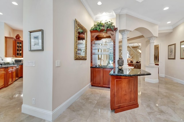 6404 Dorsay Ct, Delray Beach, FL 33484 - bar with decorative columns, ornamental molding, stainless steel dishwasher, recessed lighting, and light marble finish flooring