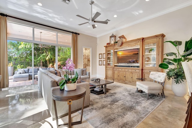 6404 Dorsay Ct, Delray Beach, FL 33484 - living room featuring a ceiling fan, crown molding, and recessed lighting