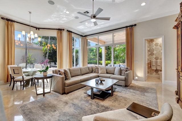 6404 Dorsay Ct, Delray Beach, FL 33484 - living room with plenty of natural light, a chandelier, ceiling fan, ornamental molding, and light marble finish flooring