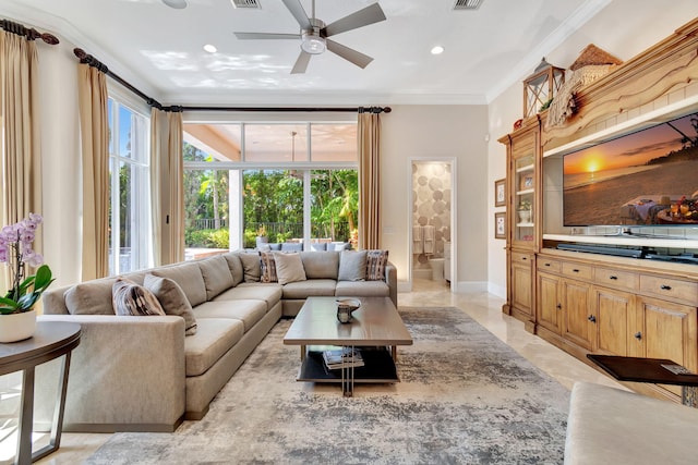 6404 Dorsay Ct, Delray Beach, FL 33484 - living area with a ceiling fan, crown molding, recessed lighting, and light marble finish floors