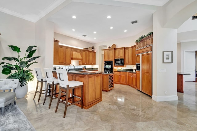 6404 Dorsay Ct, Delray Beach, FL 33484 - kitchen featuring black appliances, a peninsula, dark countertops, light marble finish flooring, and brown cabinetry